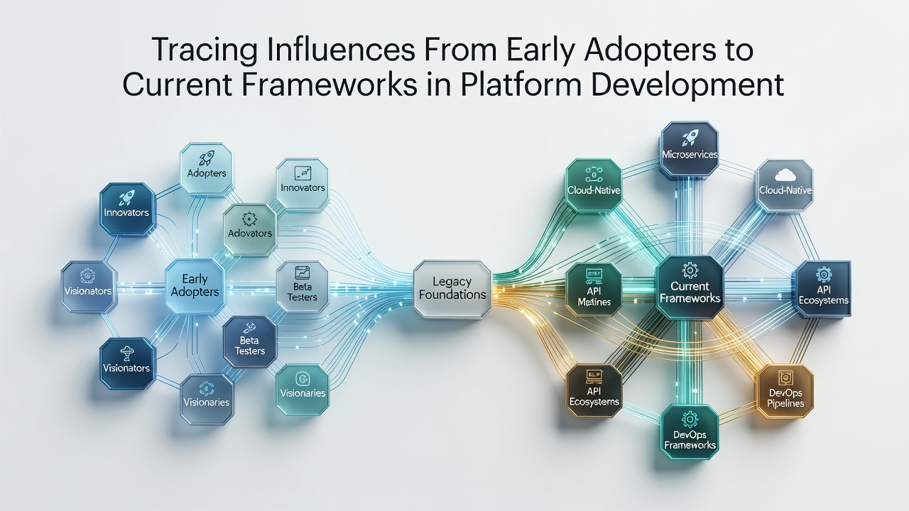 Early platform development diagrams showing initial adopter networks evolving into structured frameworks